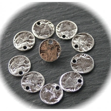 10 breloques  pampilles martelées métal argentées vieillies réversible 14mm