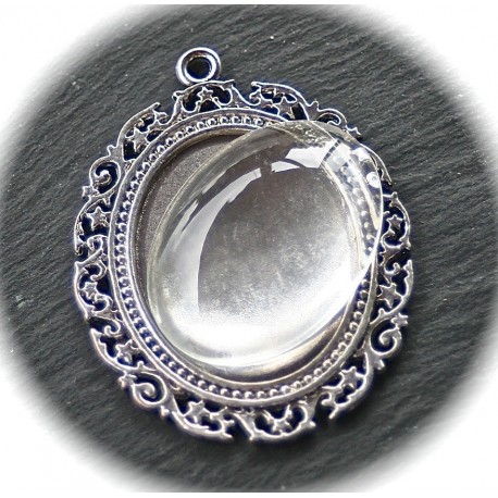 x1 support cabochon métal argenté+cabochon verre  30x40mm