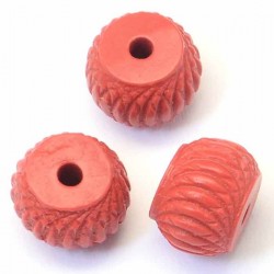 10 perle tambour cinabre rouge sculptees 10x7mm