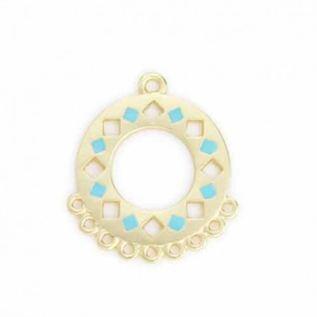 2chandeliers ronds dorure or mat losange emaille bleu turquoise 25x21mm