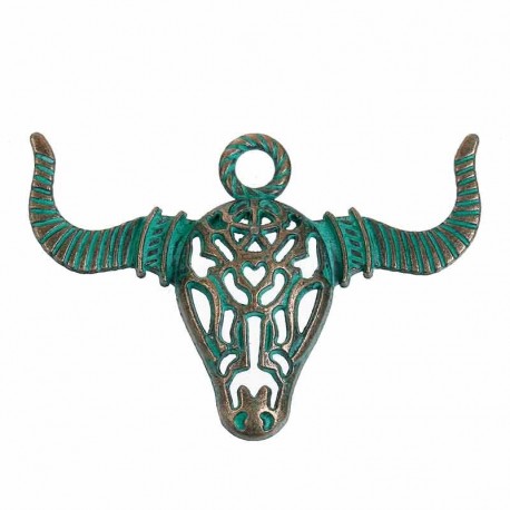 1pendentif tete de  buffle patine vert de gris bronze 49x34mm