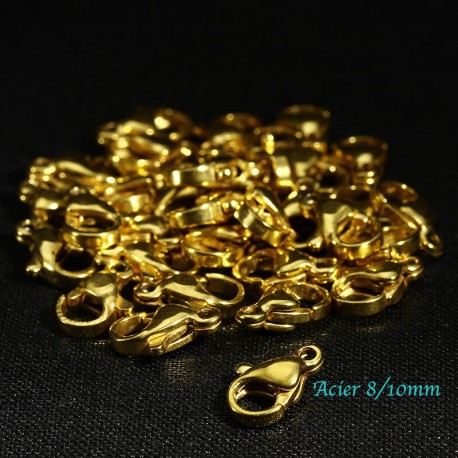 6 fermoirs mousquetons acier inoxydable or 8/10mm