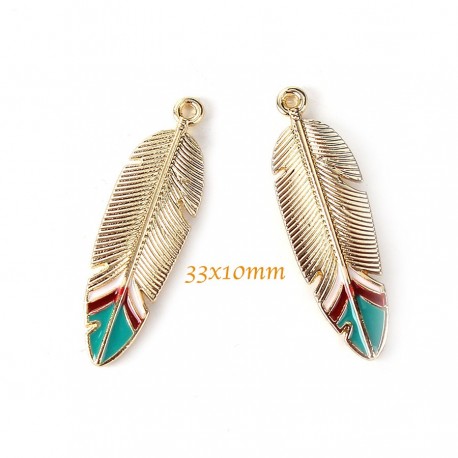 2 breloques  plume doré emaille vert /rouge 33x10mm
