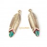 2 breloques  plume doré emaille vert /rouge 33x10mm