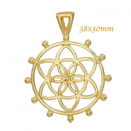 2 pendentifs fleur de vie métal dore 38x30mm