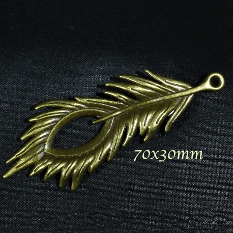 2 breloques pendentif plume bronze relief 70x30mm