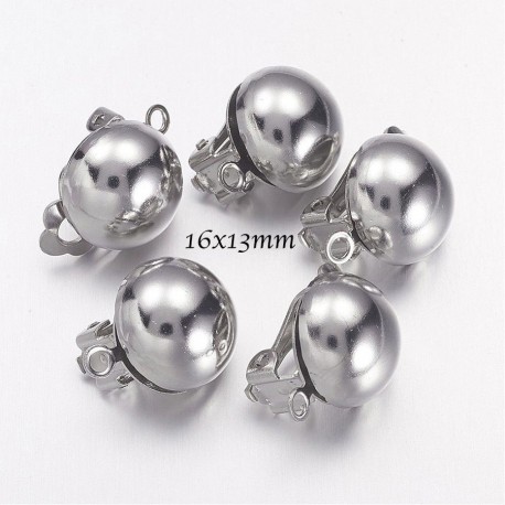 1paire boucle d'oreille clip boule laiton argent mat 16x13mm