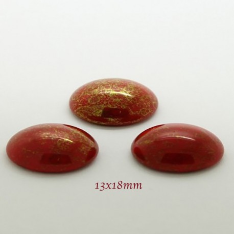1 cabochon verre bohème ovale 13x18mm rouge marbré or