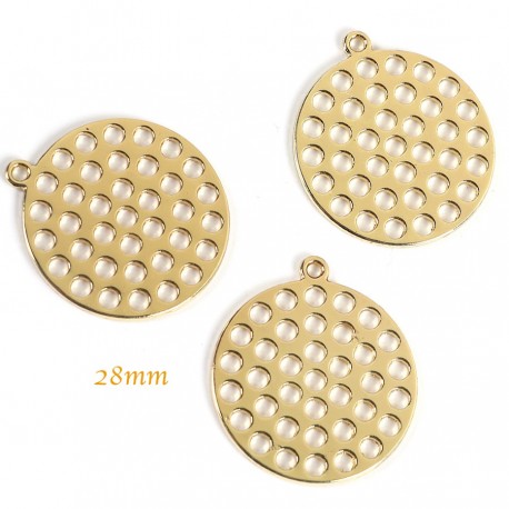 breloque ronde x4  pendentif cuivre doré nid d'abeille 28mm