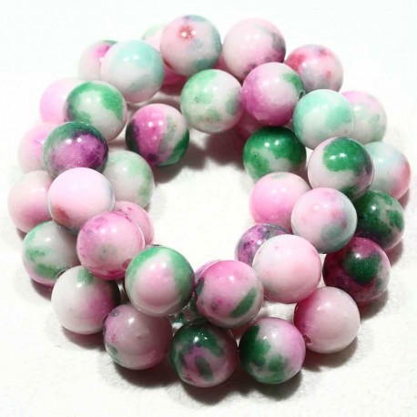 10MM : x10 perles  jade ronde blanc teinté vert/rose/blanc