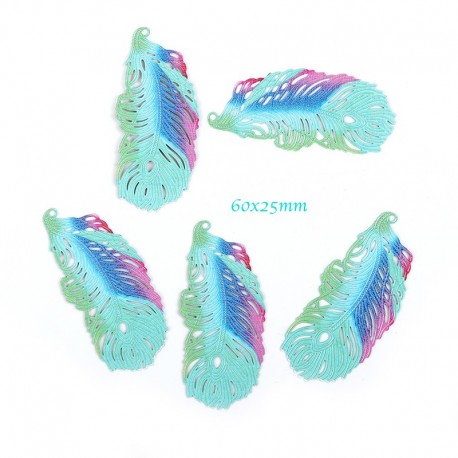2 breloques estampe  plume  peinture émail turquoise  rose 60x25mm