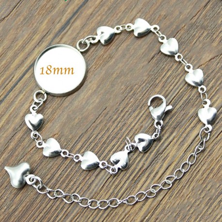 bracelet support cabochon 18mm argenté chaine coeur