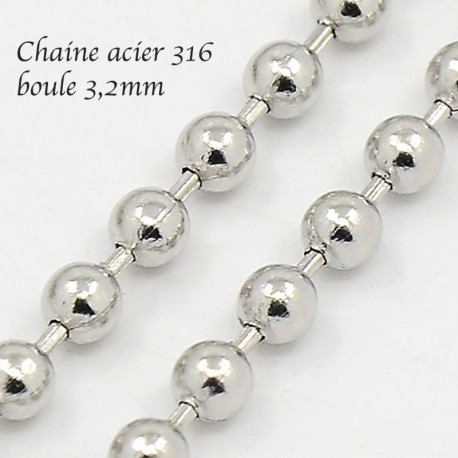 chaine x1 M acier inoxydable 316L boule argent 3,2mm