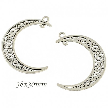 4 Pcs pendentif croissant de  lune argenté ethnique 38x30mm