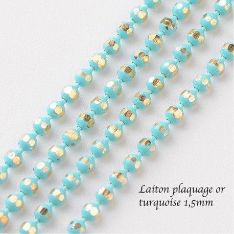 1M chaine laiton plaque or bille turquoise 1,5mm
