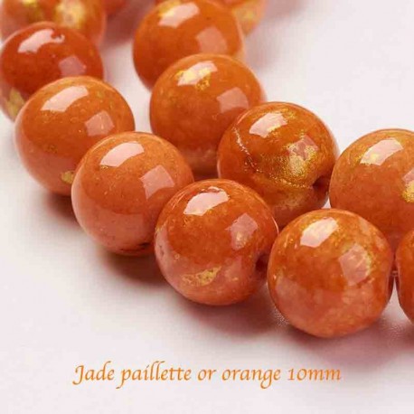 10 Perles jade Mashan 10mm orange paillette or 10mm