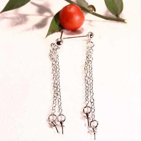 1 paire  boucle d'oreille clou laiton+ double chainette argenté platine 45mm