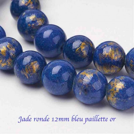 10 perles jade ronde 12mm bleu paillette or