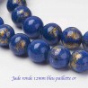 10 perles jade ronde 12mm bleu paillette or