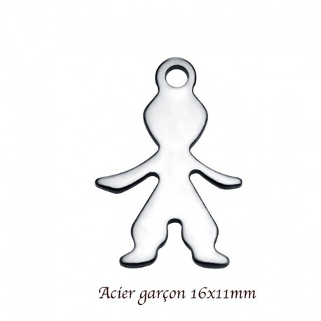 6 breloques acier decoupe garçon argent mat 16x11mm