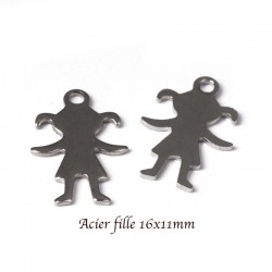 6 breloques acier découpe fille argent mat 16x11mm