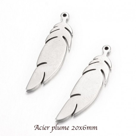 6 breloque acier plume argent mat lisse plat 20x6mm