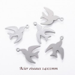 6 breloques acier oiseaux lisse plat argent mat 14x11mm