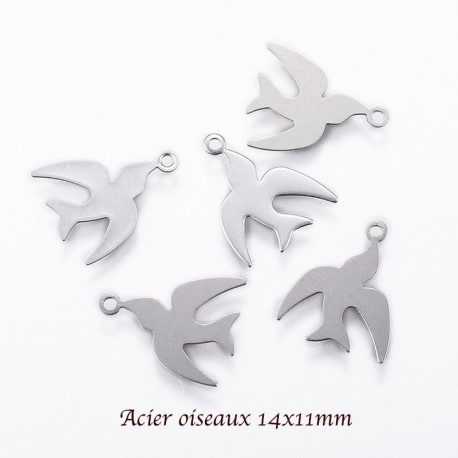 6 breloques acier oiseaux lisse plat argent mat 14x11mm
