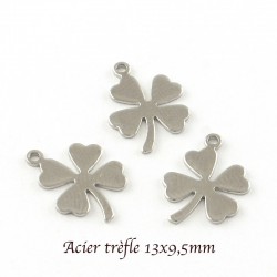 8 breloques trèfle acier inoxydable lisse argent mat 13x9,5mm