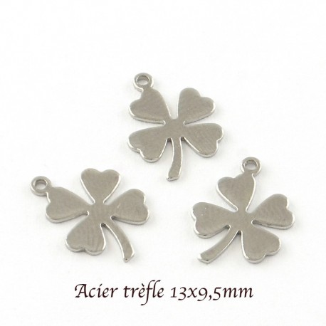 8 breloques trèfle acier inoxydable lisse argent mat 13x9,5mm