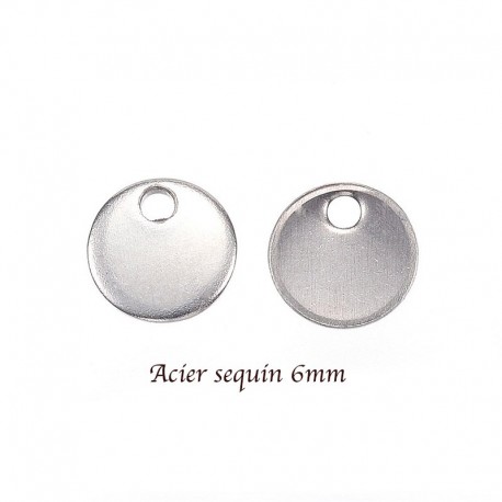 20 breloques sequin acier rond argent mat 6mm