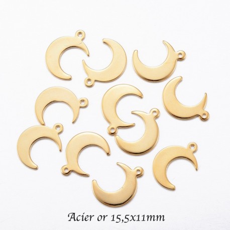 8 breloques sequin acier or lune 15.5x11mm