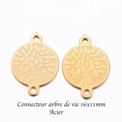 8 connecteurs sequin rond acier or arbre de vie 16x11mm