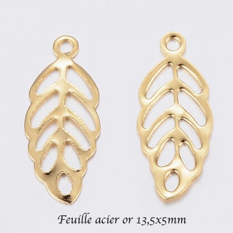 10 breloques feuille acier or estampe 13,5x5mm