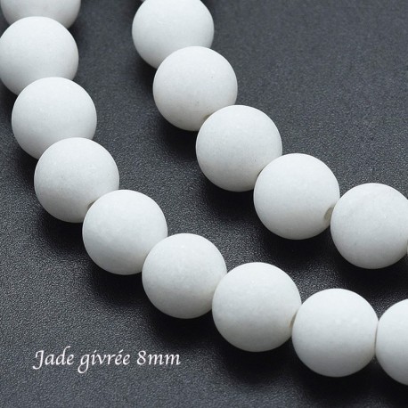 10 perles ronde jade givrée blanche 8mm
