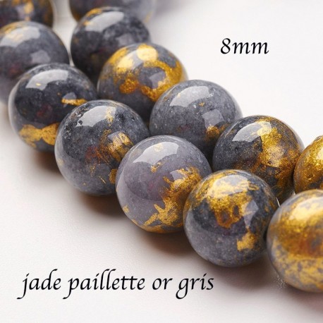 10 perles jade Mashan 8mm grise paillette or