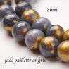 10 perles jade Mashan 8mm grise claire paillette or