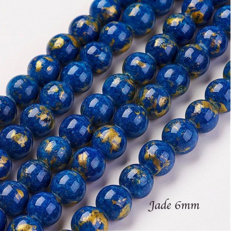 20 perles jade Mashan ronde 6mm bleu nuit paillette or