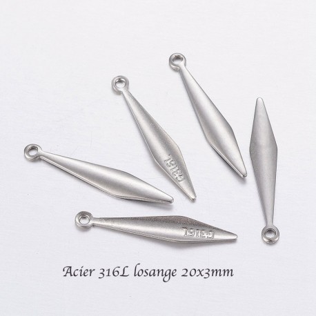 10 pendentifs sequin  acier inoxydable 316L  losange 20x3x1mm