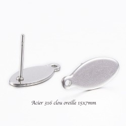 6 boucles d'oreille clou acier inoxydable oeil de cheval 15x7x0,8mm