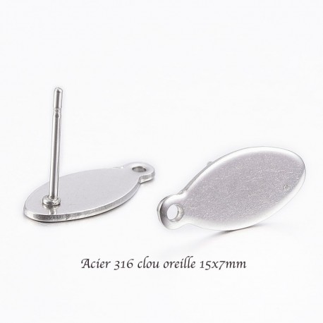 6 boucles d'oreille clou acier inoxydable oeil de cheval 15x7x0,8mm