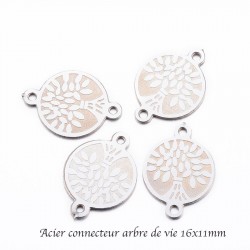 8 connecteurs sequin rond acier argent  arbre de vie 16x11mm