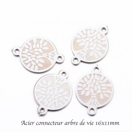 8 connecteurs sequin rond acier argent  arbre de vie 16x11mm