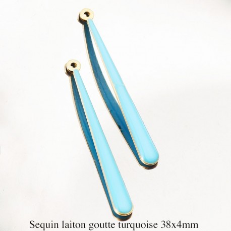 2 Pendentifs laiton longue goutte émail turquoise 38x4mm