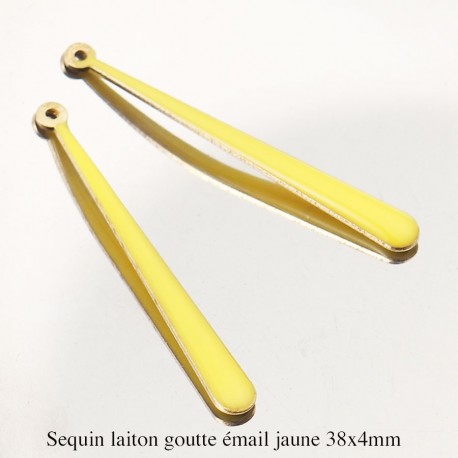2 Pendentifs sequins laiton goutte émail jaune 38x4mm