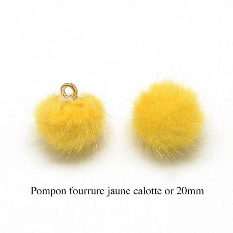 5 breloques pompon fourrure jaune calotte or 20mm