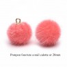 4 breloques pompon fourrure  corail calotte or 20mm