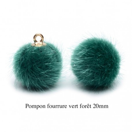 5 breloques pompon fourrure vert forêt calotte or 20mm