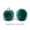 4 breloques pompon fourrure vert forêt calotte or 20mm