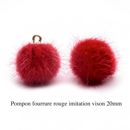5 breloques pompon fourrure rouge calotte or 20mm